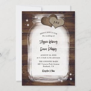 Rustic Mason Jar Burlap Hearts Barn Wood Wedding Invitation