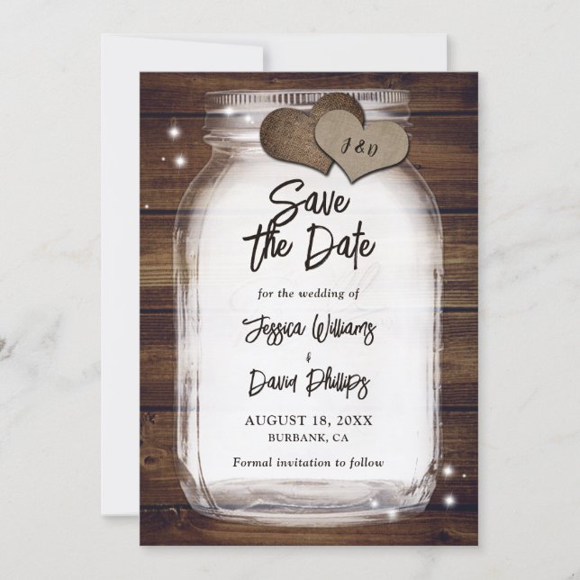 Rustic Mason Jar Burlap Hearts Monogram Wedding Save The Date (Front)