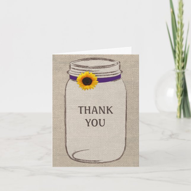 Rustic Mason Jar & Burlap Purple Gold Thank You (Front)