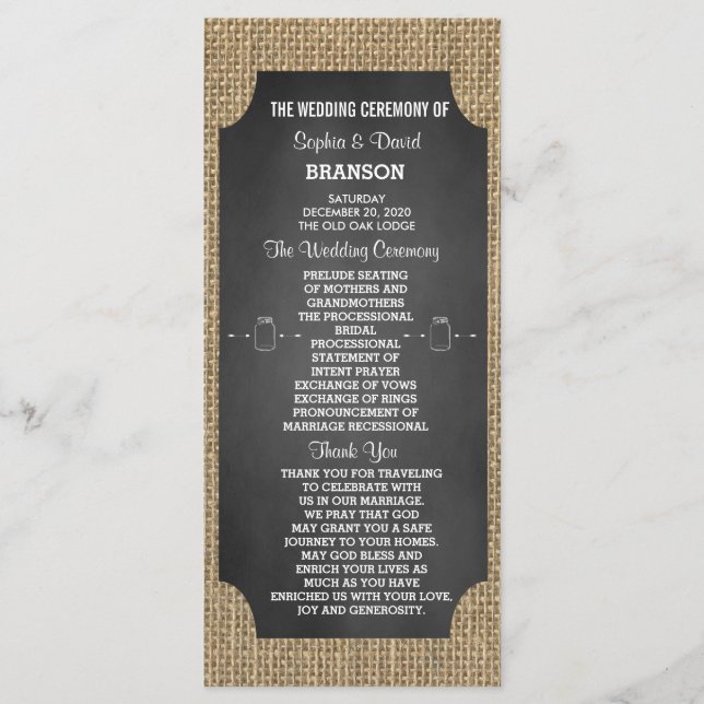 Rustic Mason Jar Burlap Wedding Program Custom (Front)