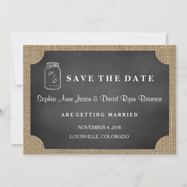 Rustic Mason Jar Burlap Wedding SAVE THE DATE (Front)