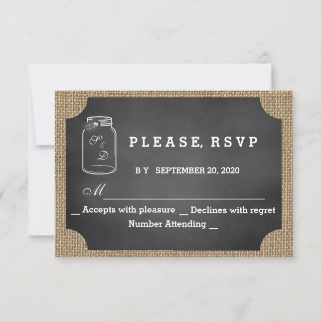 Rustic Mason Jar Chalkboard Burlap Wedding RSVP (Front)