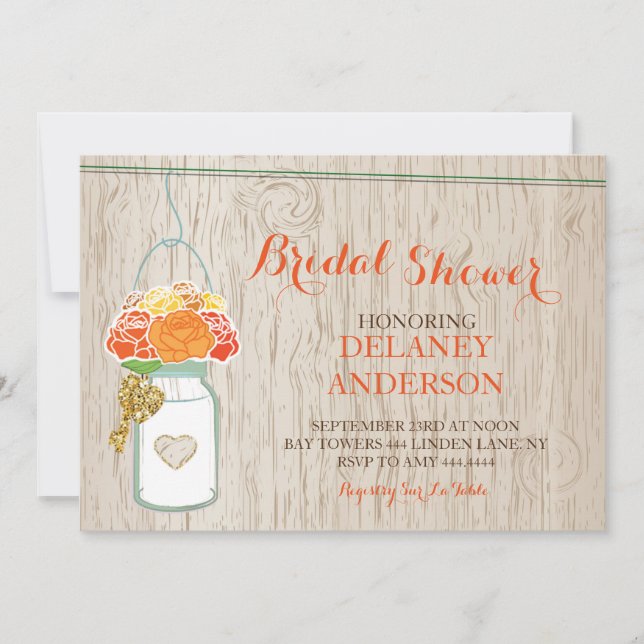 Rustic Mason Jar Fall Glitter Bridal Shower Invitation (Front)