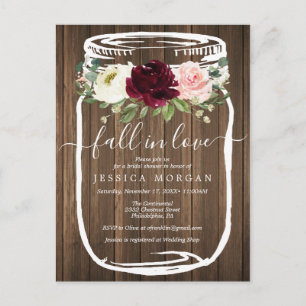 Rustic Mason Jar Fall In Love Bridal Shower Invite Postcard