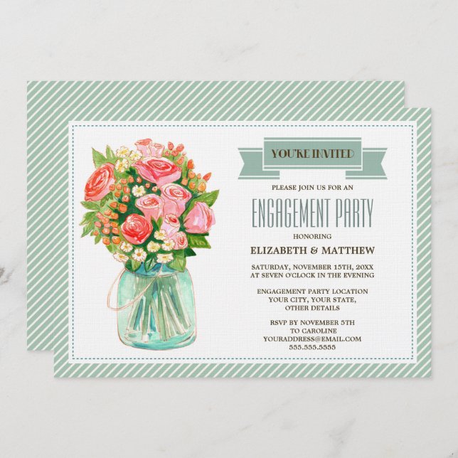 Rustic Mason Jar Floral Engagement Party  Invitation (Front/Back)