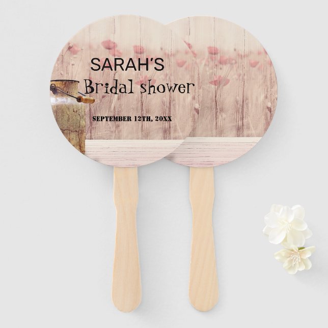 Rustic Mason Jar Floral Pink Bridal Shower Hand Fan (Front and Back)