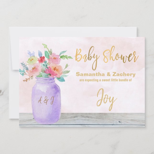 *~* Rustic Mason Jar Flowers Lavender Baby Shower Invitation (Front)