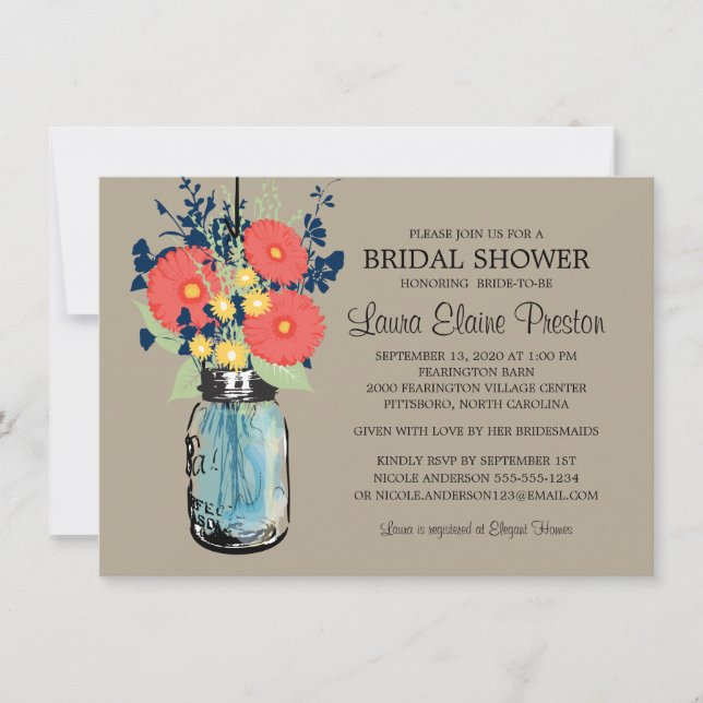 Rustic Mason Jar Gerber Daisies Bridal Shower Invitation (Front)