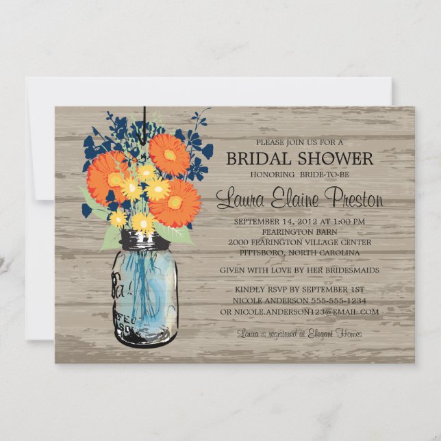 Rustic Mason Jar Gerber Daisies Bridal Shower Invitation (Front)