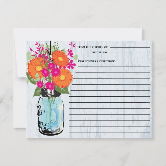 Rustic Mason Jar Gerber Daisies Recipe Card (Front)