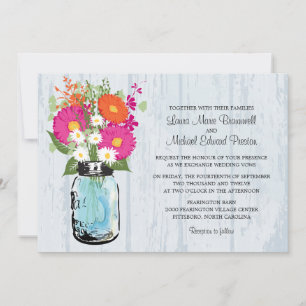 Rustic Mason Jar & Gerbera Daisies Wedding Invitation
