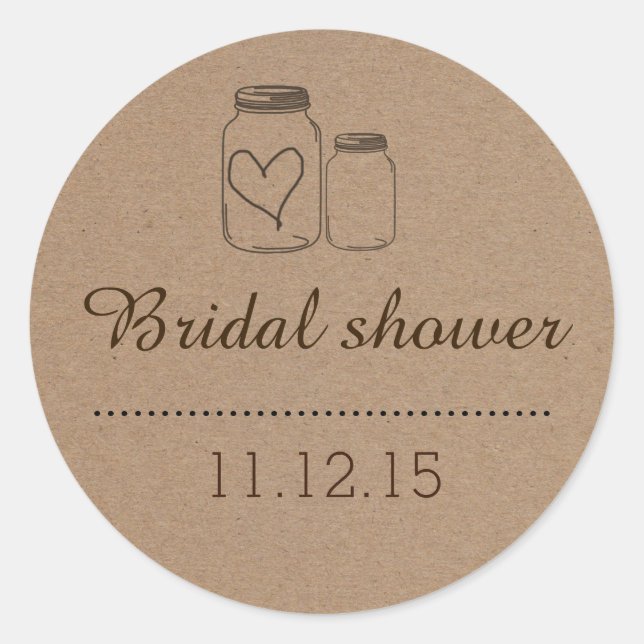 Rustic Mason Jar| Heart Bridal Shower Classic Round Sticker (Front)