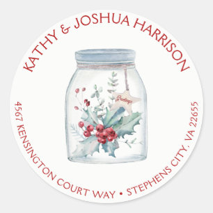 Rustic Mason Jar Holly Leaves Berries Address   Classic Round Sticker