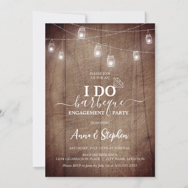 Rustic Mason Jar Light I Do BBQ Engagement Party Invitation (Front)