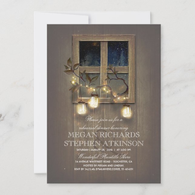 Rustic Mason Jar Lights Barn Rehearsal Dinner Invitation (Front)