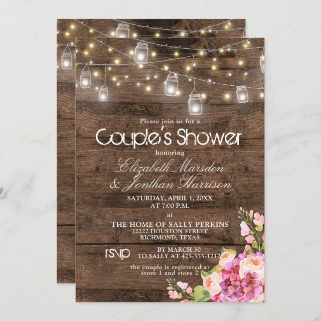Rustic Mason Jar Lights Blush Floral Bridal Shower Invitation (Front/Back)