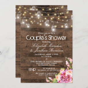 Rustic Mason Jar Lights Blush Floral Bridal Shower Invitation