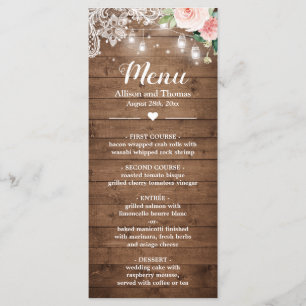 Rustic Mason Jar Lights Blush Floral Lace Wedding Menu