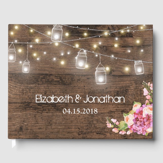 Rustic Mason Jar Lights Blush Floral Modern Guest Book (Front)