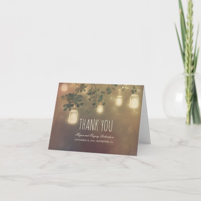 Rustic Mason Jar Lights Branches Wedding Thank You Card (Front)