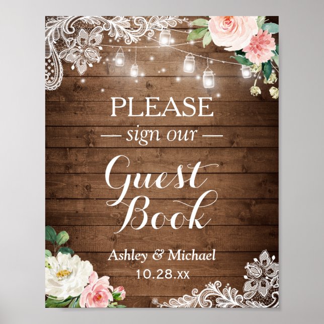 Rustic Mason Jar Lights Floral Lace Sign Guestbook (Front)