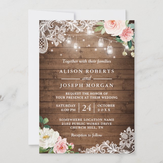 Rustic Mason Jar Lights Floral Lace Wedding Invitation (Front)