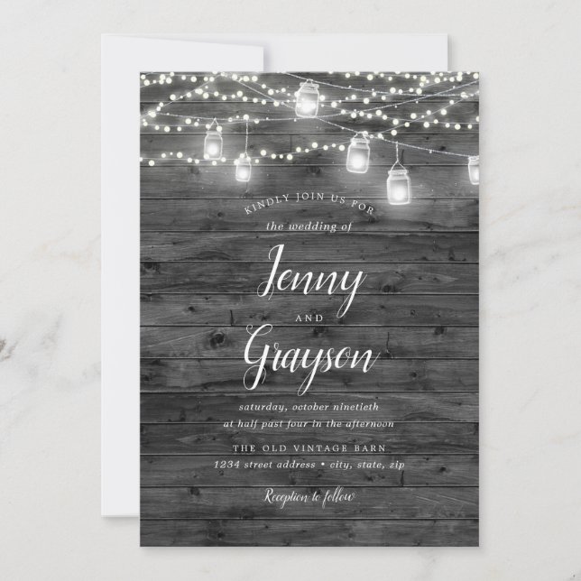 Rustic Mason Jar Lights Grey Wood Wedding Invitation (Front)