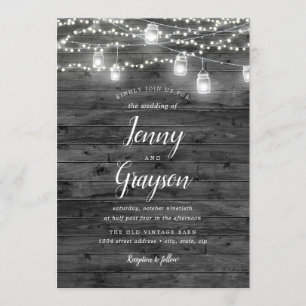 Rustic Mason Jar Lights Grey Wood Wedding Invitation