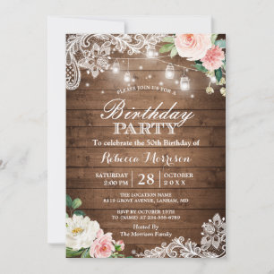Rustic Mason Jar Lights Lace Floral Birthday Party Invitation
