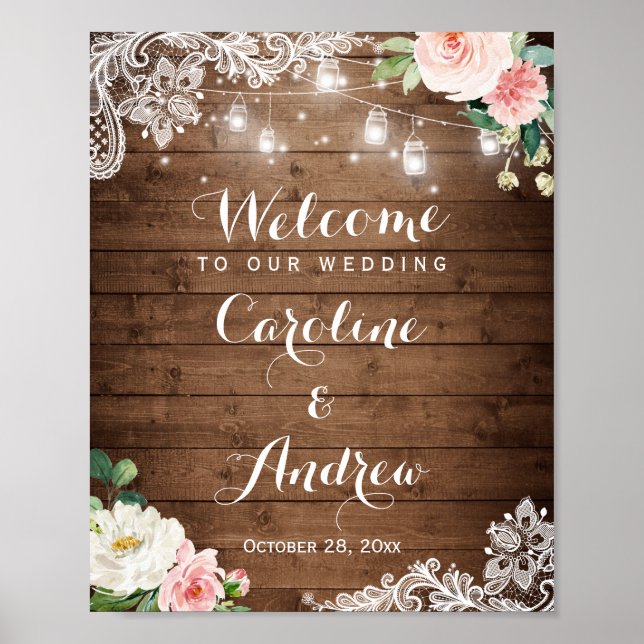 Rustic Mason Jar Lights Lace Floral Wedding Sign (Front)
