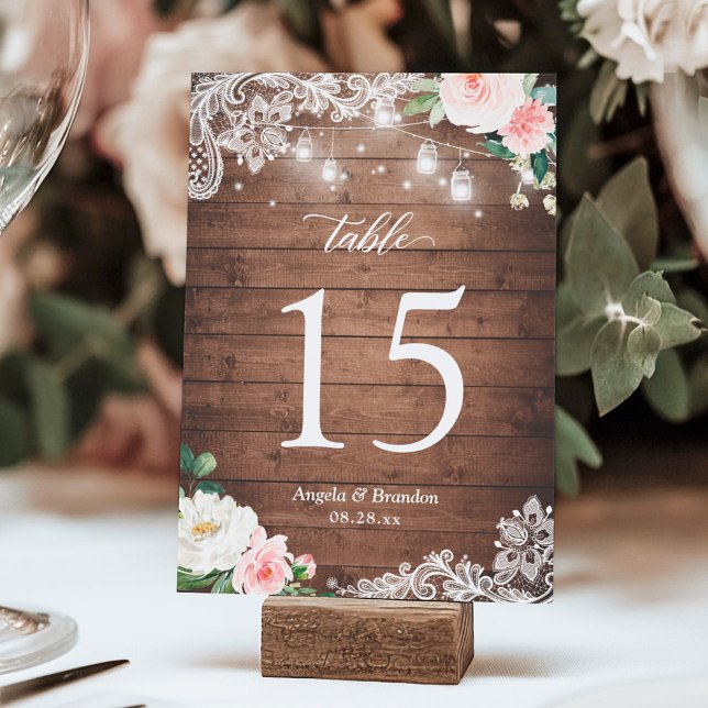 Rustic Mason Jar Lights Lace Floral Wedding Table Number (Creator Uploaded)