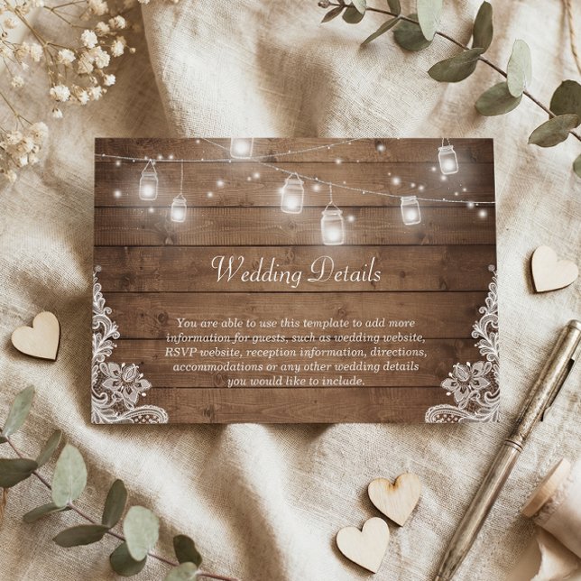 Rustic Mason Jar Lights Lace Wedding Details Info Enclosure Card (Creator Uploaded)