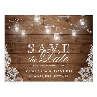 Rustic Mason Jar Lights Lace Wedding Save The Date Postcard Rustic Mason Jar Lights Lace Wedding Save The Date Postcard
