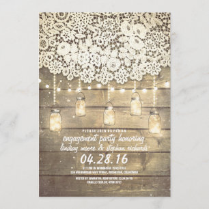 Rustic Mason Jar Lights Lace Wood Engagement Party Invitation