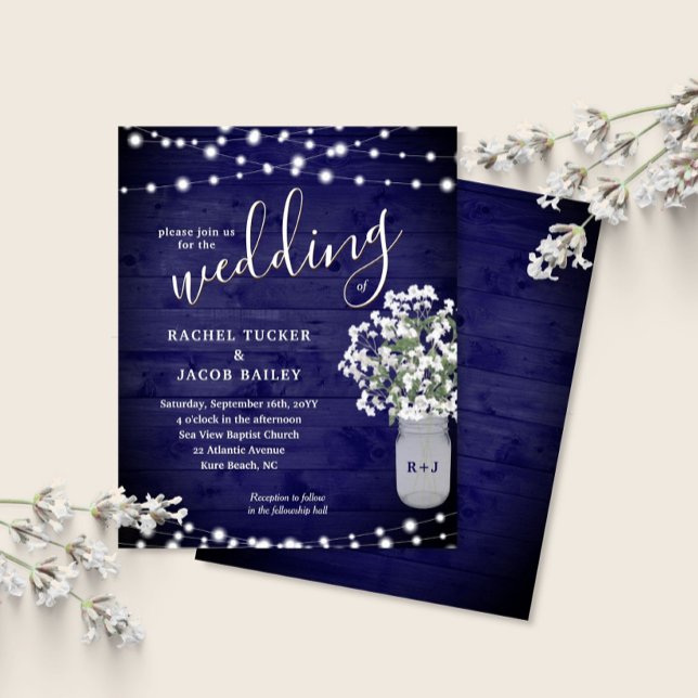 Rustic Mason Jar Lights Navy Blue Wedding Invite (Creator Uploaded)