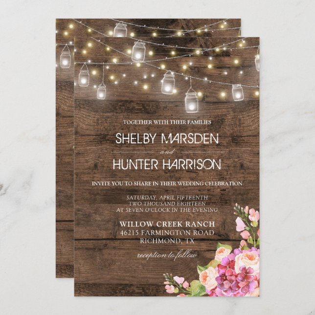 Rustic Mason Jar Lights Photo Blush Floral Wedding Invitation (Front/Back)