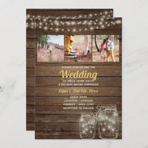 Rustic Mason Jar Lights PHOTO COLLAGE Wedding Invitation