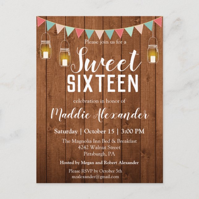 Rustic Mason Jar Lights Sweet 16 Birthday Party Postcard (Front)