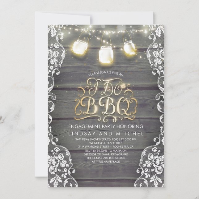 Rustic Mason Jar Lights Wood and Lace I Do BBQ Invitation (Front)