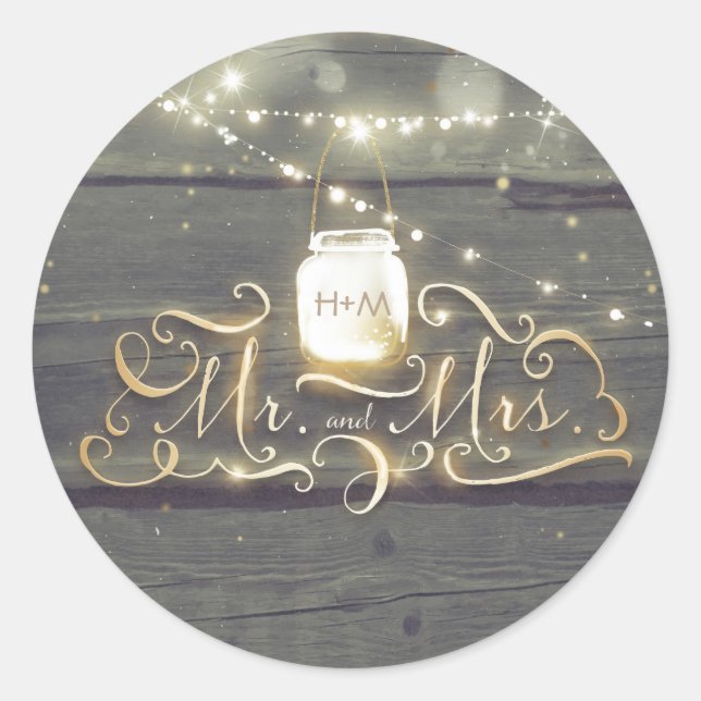 Rustic Mason Jar Lights Wood Barn Wedding Classic Round Sticker (Front)