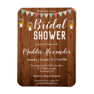 Rustic Mason Jar Lights  Wood Bridal Shower Invite Magnet