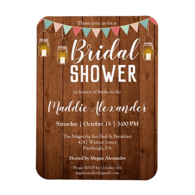 Rustic Mason Jar Lights| Wood Bridal Shower Invite Magnet (Vertical)