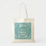 Rustic mason jar maid of honour wedding tote bag<br><div class="desc">Vintage mason jar wedding tote bag for bridesmaids, maidofhonor etc. Rustic elegance design for shabby country chic marriage. Teal blue or custom background colour. Stylish script typography for personalised name or monogram. Make one for elegant bride, bridesmaid, maid of honour, flower girl, mother of the bride etc. Includes romantic swirls...</div>