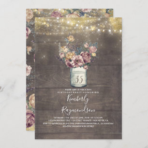 Rustic Mason Jar Mauve and Gold Birthday Party Invitation