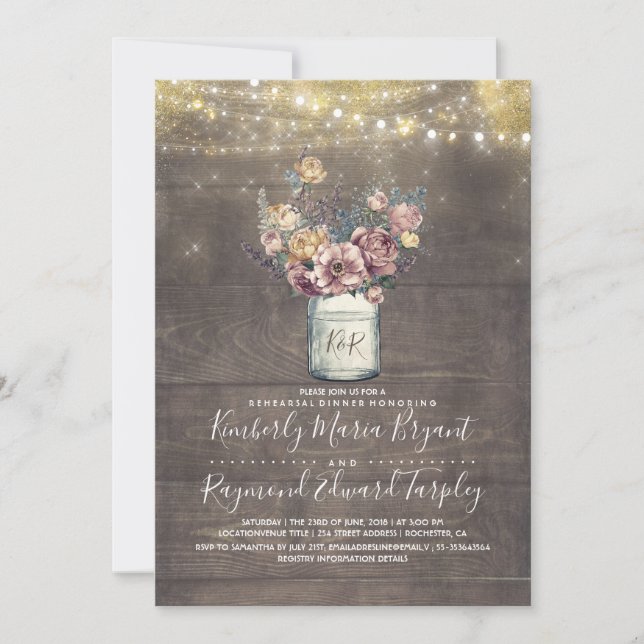 Rustic Mason Jar Mauve and Gold Rehearsal Dinner Invitation (Front)