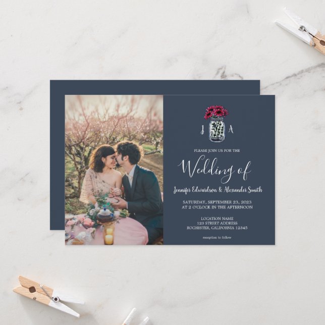 Rustic Mason jar navy blue monogram photo Wedding Invitation (Front/Back In Situ)