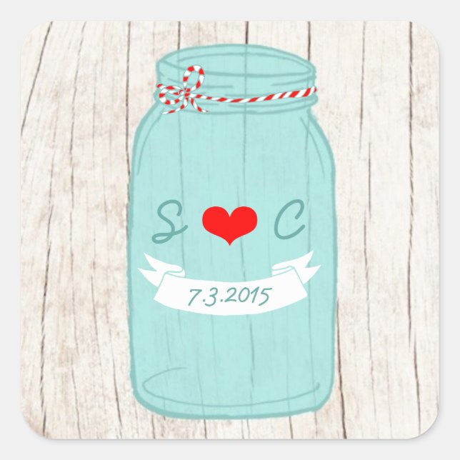 Rustic Mason Jar on Bark Illustrated Wedding Square Sticker (Front)
