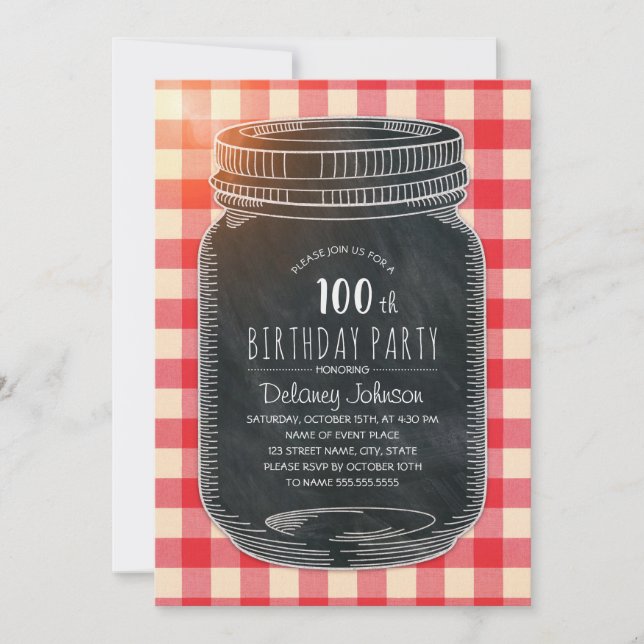 Rustic Mason Jar Picnic 100th Birthday Party Invitation (Front)
