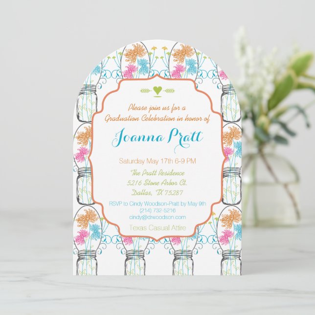 Rustic Mason Jar Pink Coral Aqua Floral Graduation Invitation (Standing Front)
