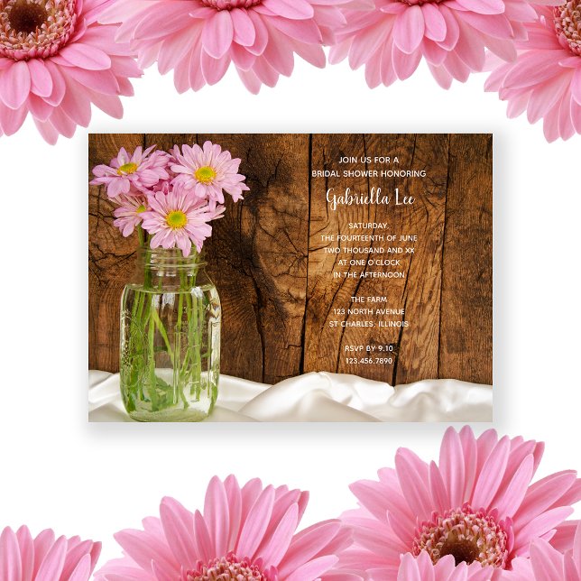Rustic Mason Jar Pink Daisies Barn Bridal Shower Invitation (Creator Uploaded)
